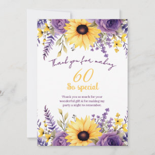 Purple floral 60th birthday party thank you card