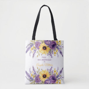 Purple floral 60th birthday party tote bag