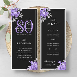 Purple Floral 80th Birthday Program Menu Black
