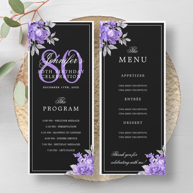 Purple Floral 80th Birthday Program Menu Black (Purple Floral 80th Birthday Program Menu Black)