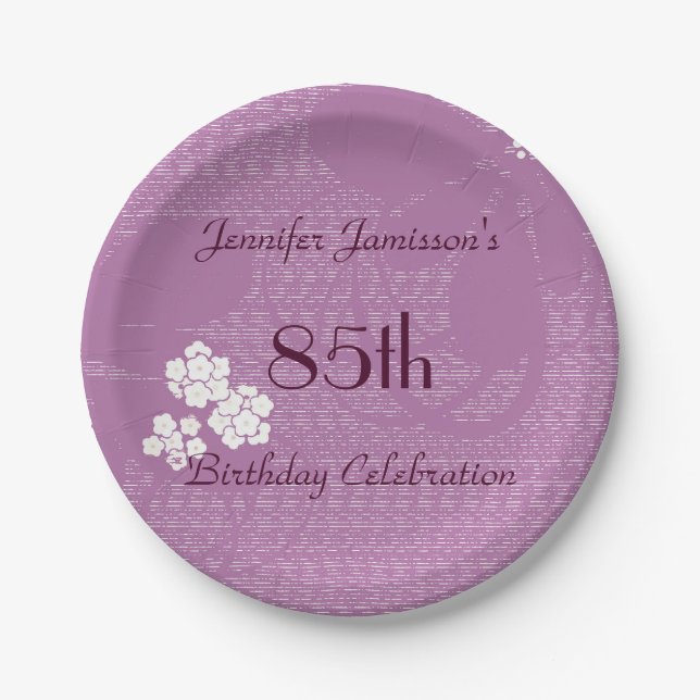 Purple Floral 85th Birthday Party Personalised Paper Plate (Front)