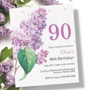 Purple Floral   90th Budget Birthday Invitation