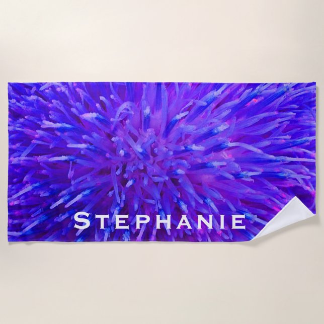 Purple Floral Abstract with White Name Beach Towel (Front)