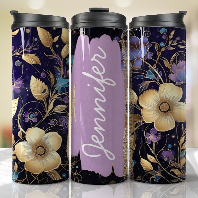 Purple Floral Add Name Custom Gift Thermal Tumbler (Floral Personalized Tumbler)