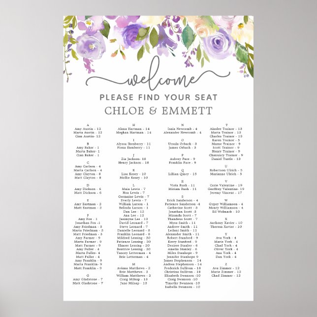 Purple Floral Alphabetical Wedding Seating Chart (Front)