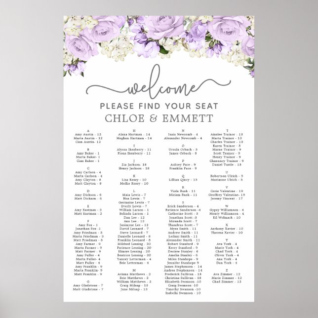 Purple Floral Alphabetical Wedding Seating Chart (Front)