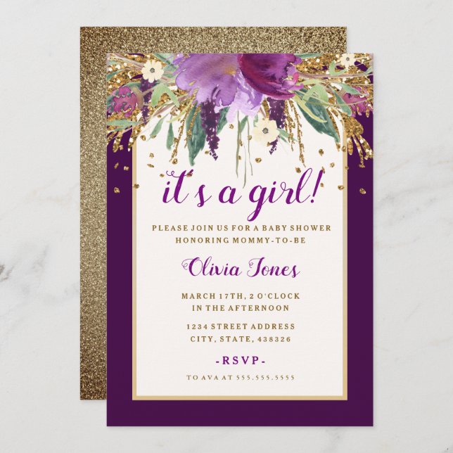 Purple Floral Amethyst Baby Shower Invitation (Front/Back)