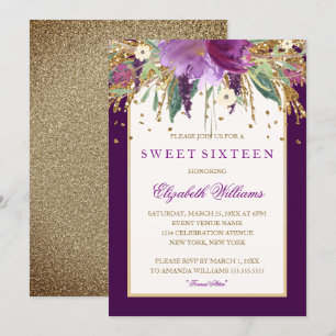 Purple Floral Amethyst Sweet Sixteen Invitation