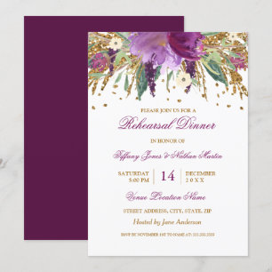 Purple Floral Amethyst Wedding Rehearsal Dinner Invitation