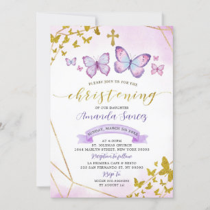 Purple Floral and Butterfly Christening Invitation
