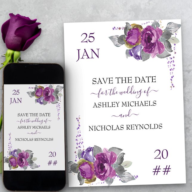 Purple Floral and Confetti Wedding Save The Date (Purple floral wedding save the date from my Plush Purple Wedding Collection)