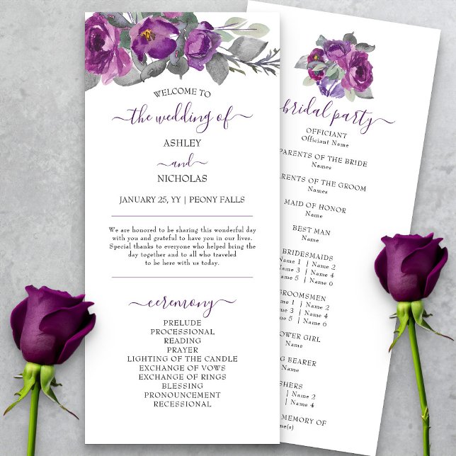 Purple Floral and Elegant Script Wedding Program (Elegant purple floral wedding program from my Plush Purple Wedding Collection )