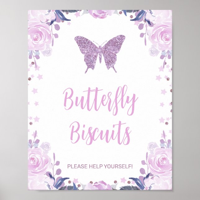 Purple Floral and Glitter Butterfly Birthday Party Poster (Front)
