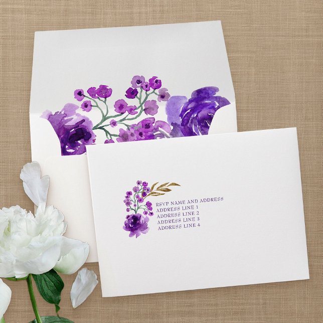 Purple Floral and Gold Leaf Addressed RSVP Envelope (Purple floral pre-addressed envelopes from my Rose and Gold Leaf quinceanera collection)
