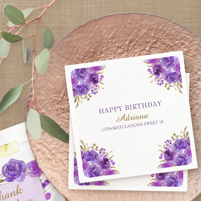Purple Floral and Gold Leaf Happy Birthday Party Napkin (Purple floral cocktail napkins from my Rose and Gold Leaf quinceanera collection)