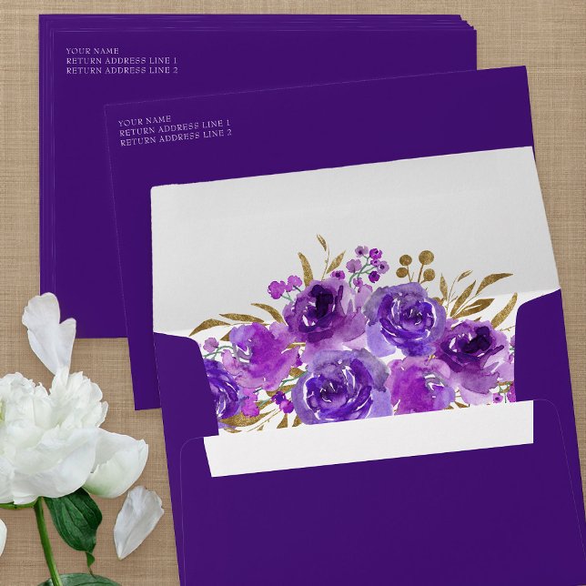 Purple Floral and Gold Leaf Invitation  Envelope (Purple floral invitation envelopes from my Rose and Gold Leaf quinceanera collection)