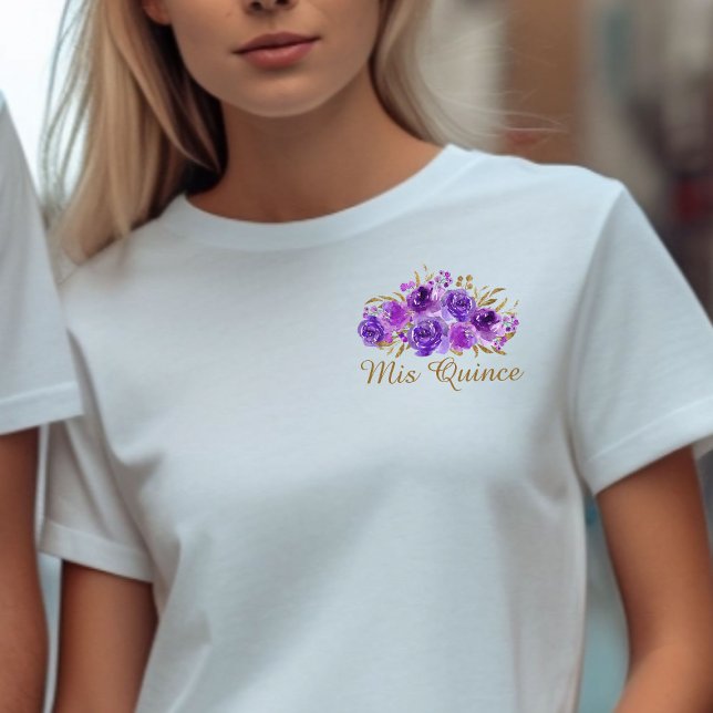 Purple Floral and Gold Leaf Mis Quince T-Shirt (Mis Quince Purple floral t-shirt from my Rose and Gold Leaf quinceanera collection)