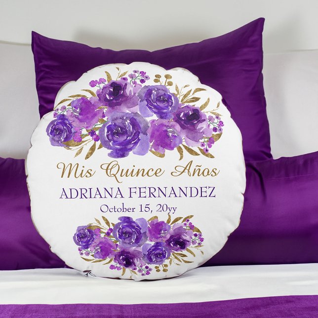 Purple Floral and Gold Leaf Quinceanera Keepsake Round Cushion (Purple floral keepsake pillow from my Rose and Gold Leaf quinceanera collection)