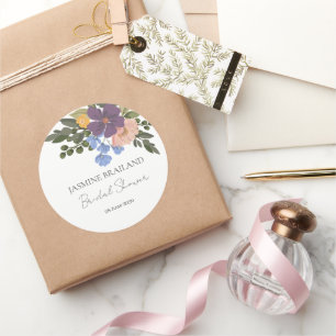 Purple Floral and Greenery Bouquet Bridal Shower Classic Round Sticker