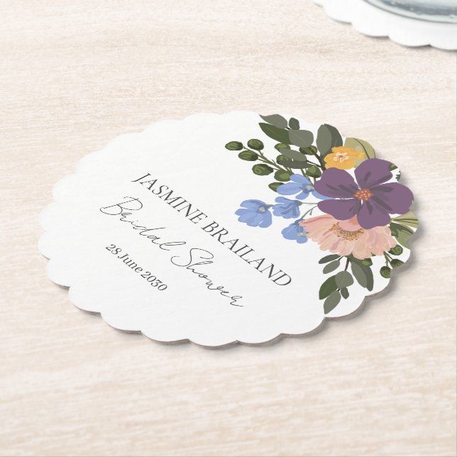 Purple Floral and Greenery Bouquet Bridal Shower  Paper Coaster (Angled)