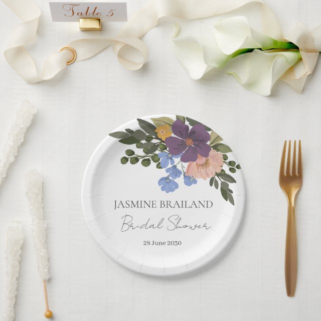 Purple Floral and Greenery Bouquet Bridal Shower  Paper Plate (Wedding)