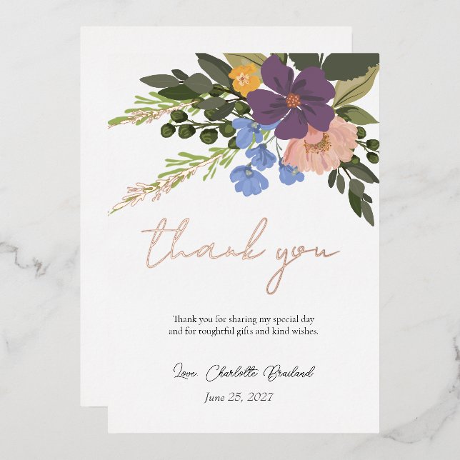 Purple Floral and Greenery Bridal Shower Thank You (Front/Back)