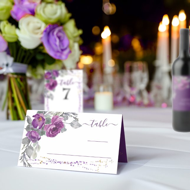 Purple Floral and Script Folded Place Card (Purple floral wedding table card from my Plush Purple Wedding Collection )