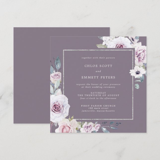 Purple Floral and Silver Frame Square Wedding Invitation (Front/Back)
