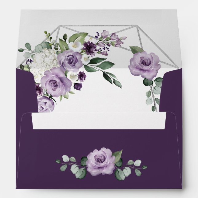 Purple Floral and Silver Geometric Elegant Wedding Envelope (Back (Bottom))