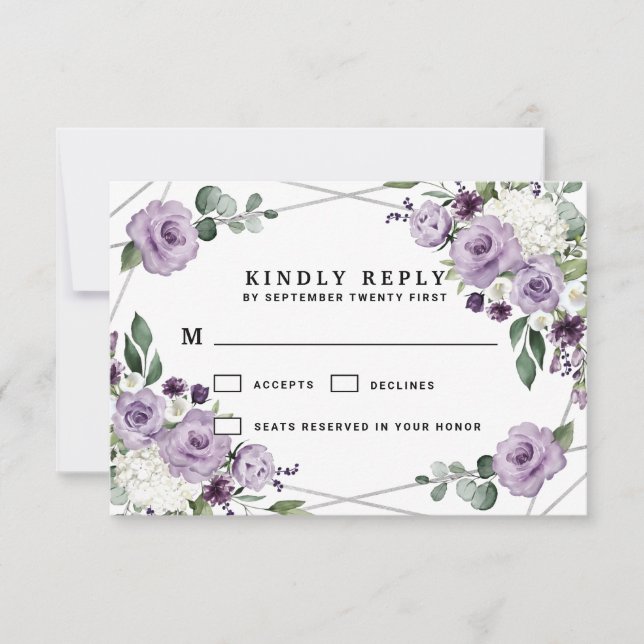 Purple Floral and Silver Geometric Elegant Wedding RSVP Card (Front)