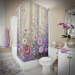 Purple floral and stripes shower curtain