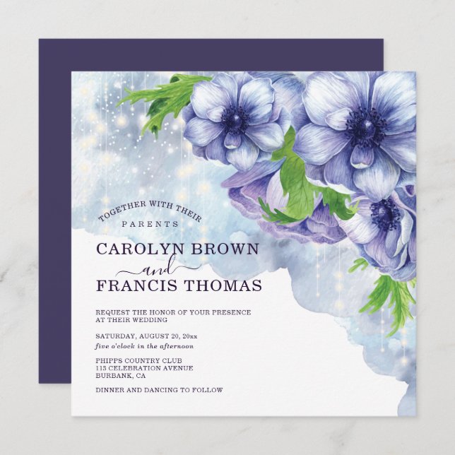 Purple Floral Anemone String Lights Wedding Invitation (Front/Back)