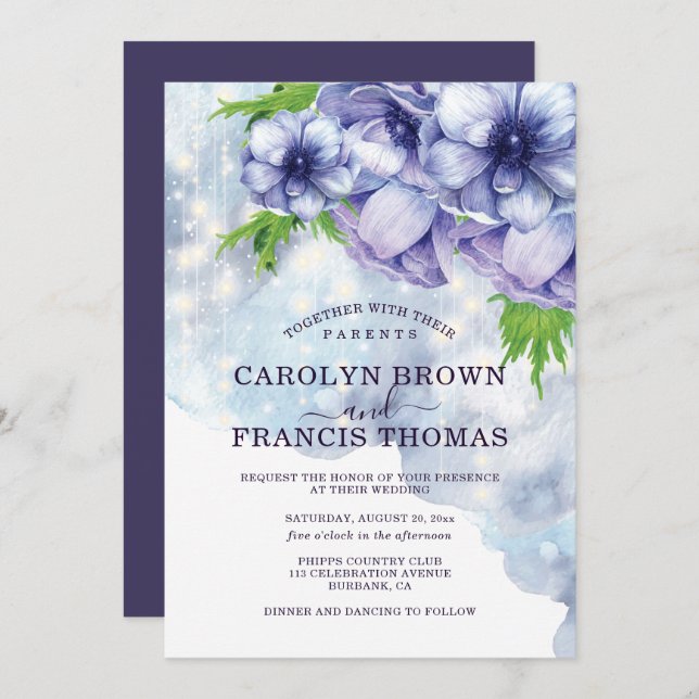 Purple Floral Anemone Wedding Invitation (Front/Back)