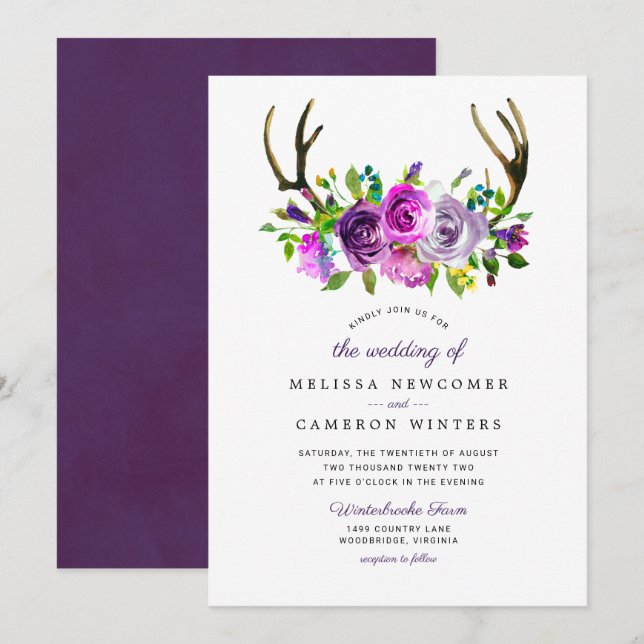 Purple floral antlers wedding invitation (Front/Back)