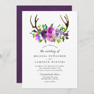 Purple floral antlers wedding invitation