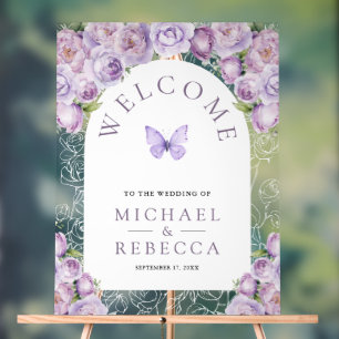 Purple Floral Arch Butterfly Wedding Welcome Acrylic Sign