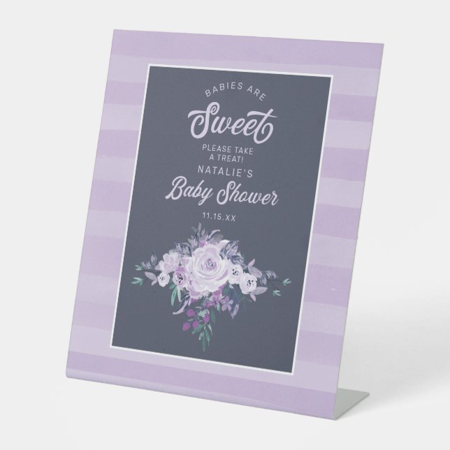 Purple Floral Babies are Sweet Baby Shower Treat Pedestal Sign (Front)