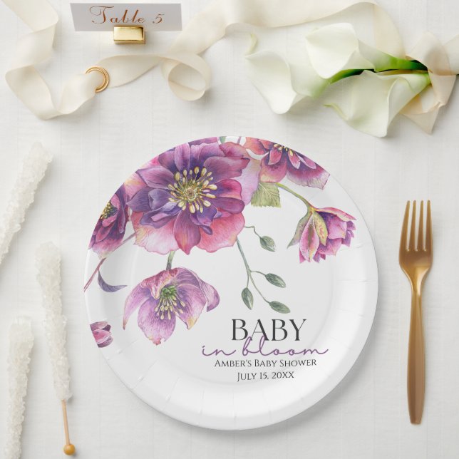 Purple Floral Baby in Bloom Paper Plates (Wedding)
