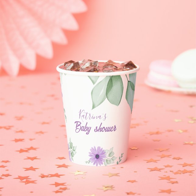 Purple Floral Baby Shower Paper Cups Personalised (Insitu)