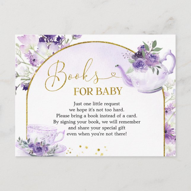 Purple Floral Baby Shower Tea Books for Baby Invitation Postcard (Front)