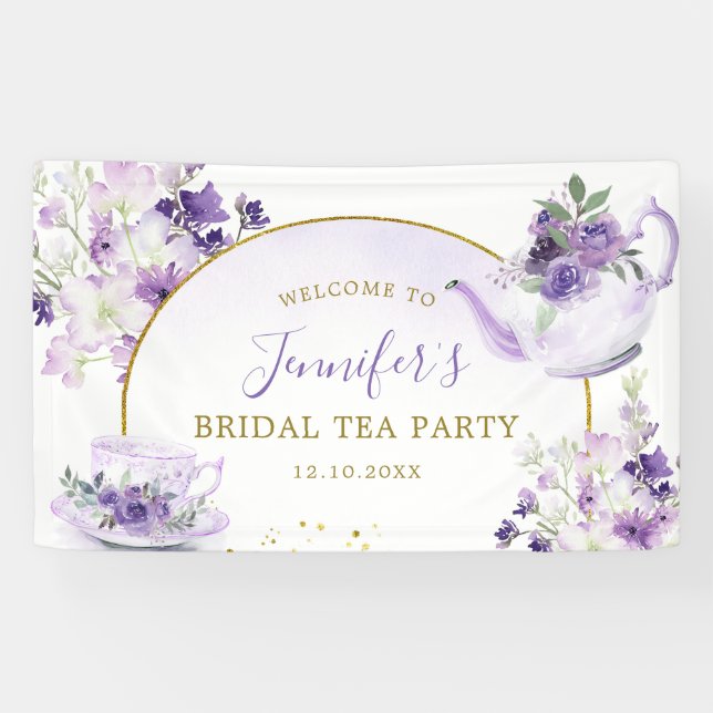 Purple Floral Baby Shower Tea Party Large Banner (Horizontal)