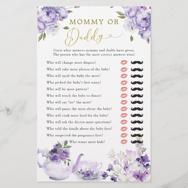 Purple Floral Baby Shower Tea Party Mummy or Daddy (Front)