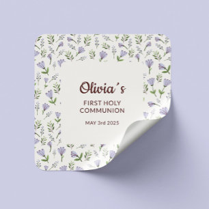 Purple Floral Background First Communion Square Sticker