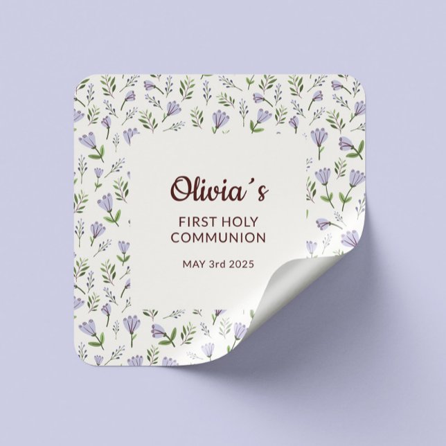 Purple Floral Background First Communion Square Sticker (Applying a First Communion sticker – perfect for keepsakes)