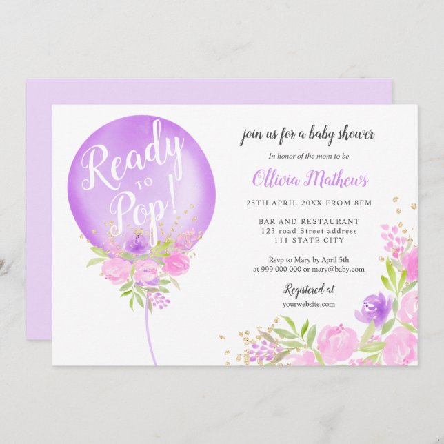 Purple floral balloon ready to pop baby shower invitation (Front/Back)