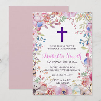 Purple floral Baptism /Christening Invitation Girl