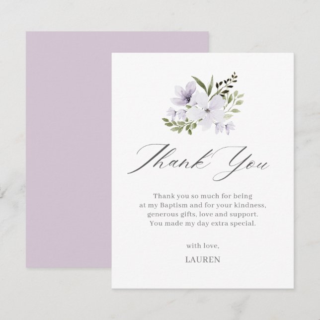 Purple Floral Baptism Cross Christening  Thank You Card (Front/Back)