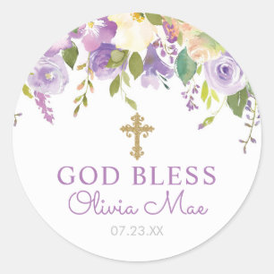 Purple Floral Baptism Favor Classic Round Sticker