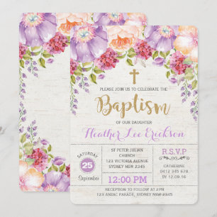 Purple Floral Baptism Invitation Girl Christening