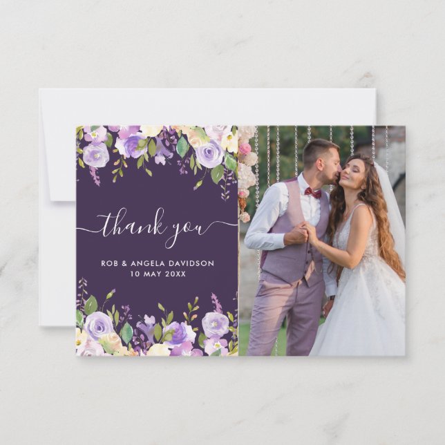 purple floral beautiful photo wedding thank you (Front)